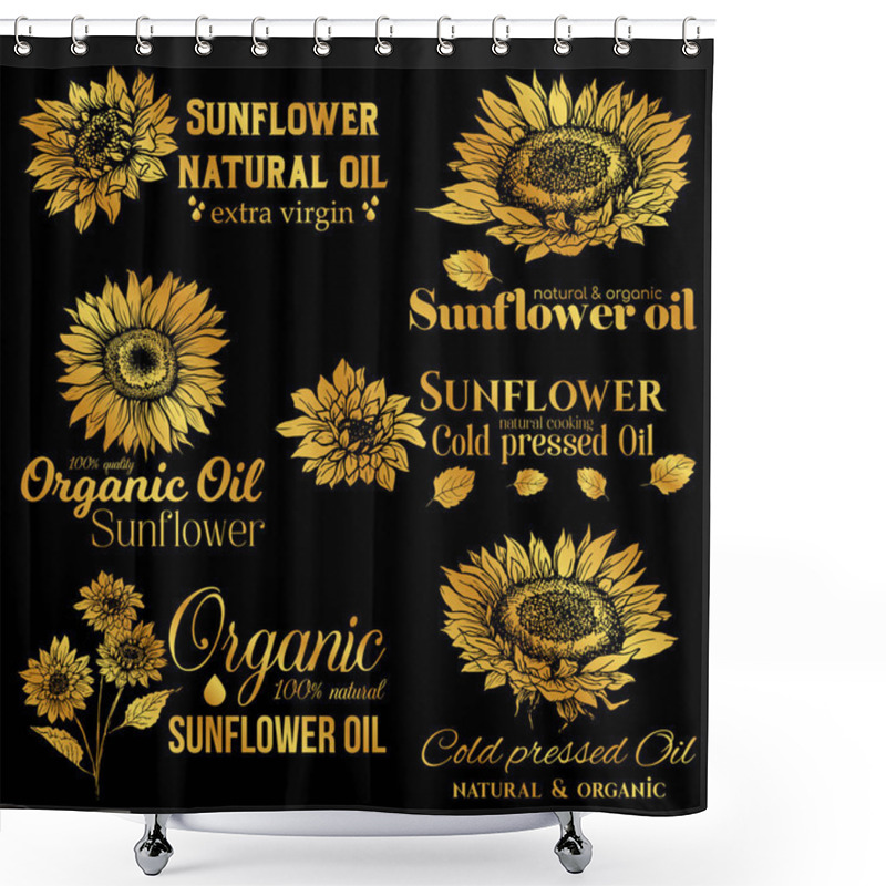 Personality  Golden Sunflower Oil Logos Set, Technology Wildflower Logo Templates For Brabding Identty. Gold Vector Isolated Flowers Hand Drawings With Lettering Shower Curtains