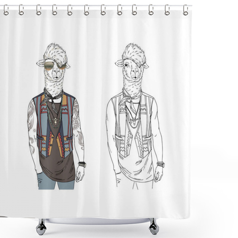 Personality  Llama Men Dressed Up In Bohemian Style On White Background Shower Curtains