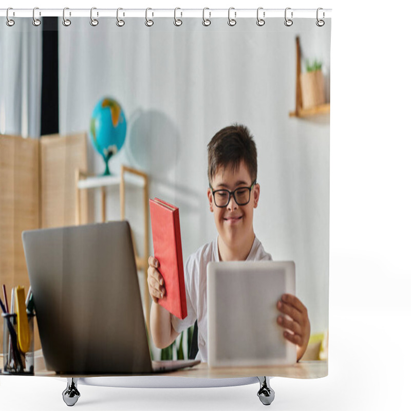 Personality  A Boy With Down Syndrome Seated At A Desk With A Laptop And Book. Shower Curtains