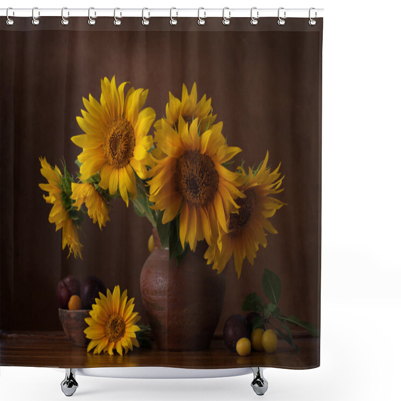 Personality  Sunflowers And Branches With Ripe Cherry Plum Shower Curtains