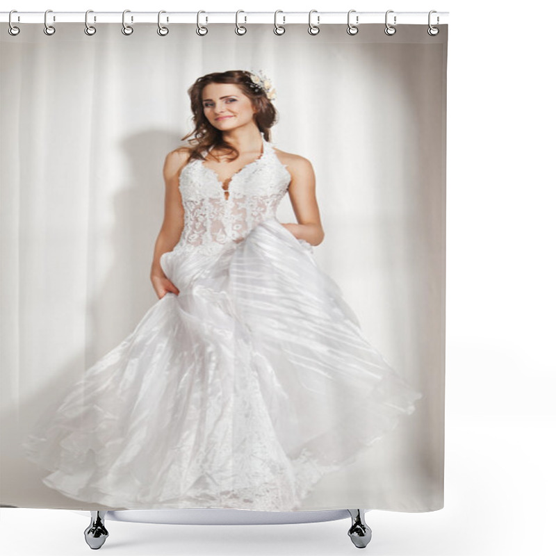 Personality  Portrait Of Beautiful Young Bride On White Shower Curtains