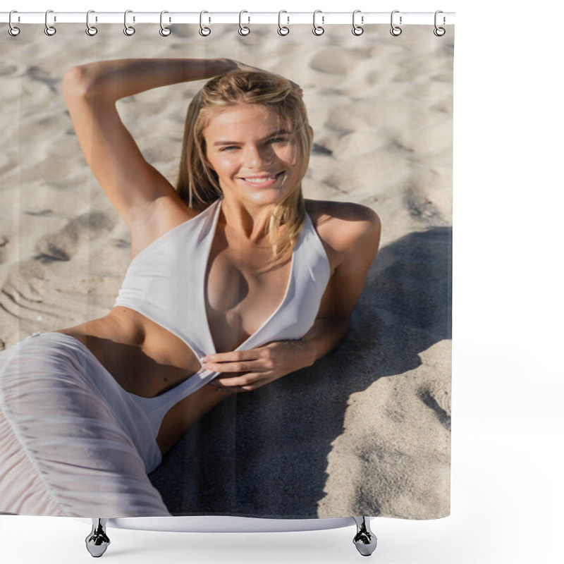 Personality  A Young Blonde Woman Gracefully Reclines On The Sandy Beach, Wearing A Pristine White Bikini Under The Warm Miami Sun. Shower Curtains