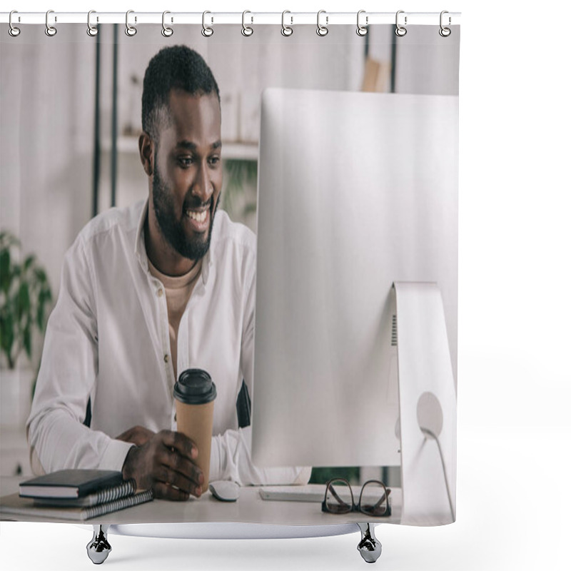 Personality  Smiling Handsome African American Businessman Holding Disposable Coffee Cup In Office And Looking At Computer Shower Curtains