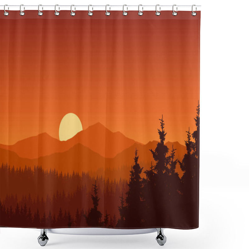 Personality  Vector Illustration Of Mountain Landscape With Forest Under Orange Sky With Rising Sun Shower Curtains