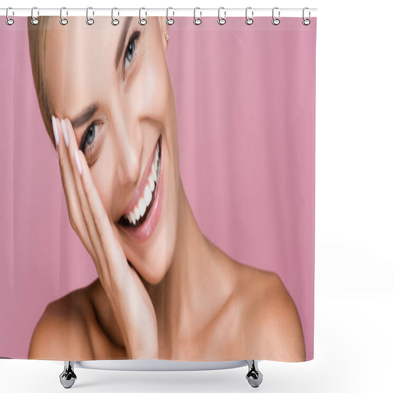 Personality  Smiling Beautiful Blonde Woman Touching Face Isolated On Pink, Banner Shower Curtains