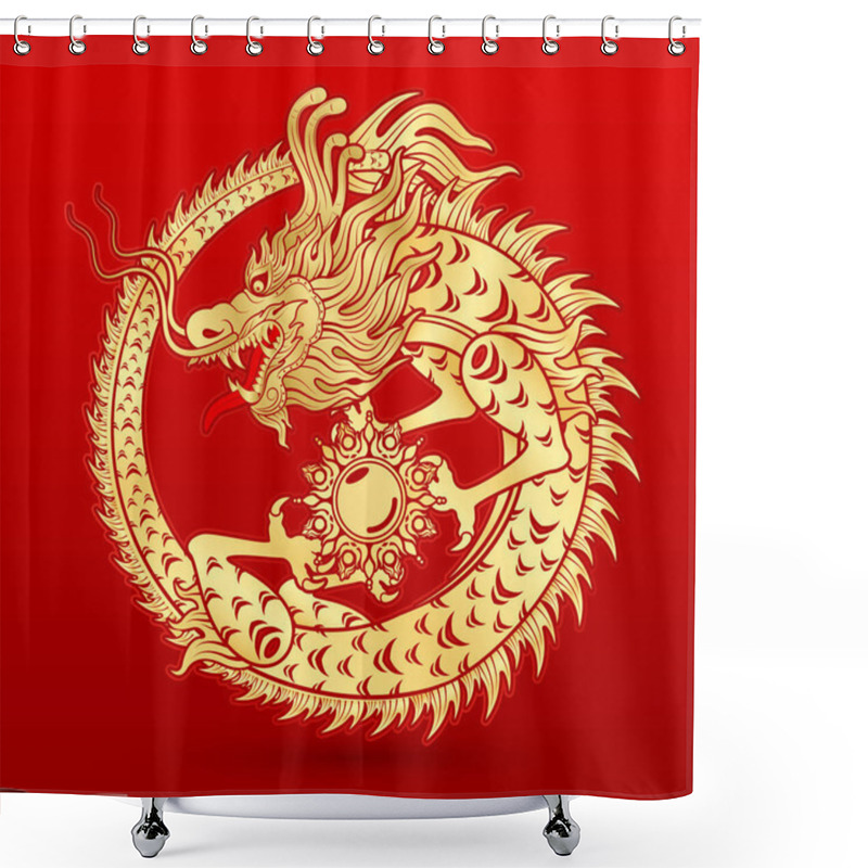 Personality  Traditional Chinese Dragon Gold Zodiac Sign Isolated On Red Background For Card Design Print Media Or Festival. China Lunar Calendar Animal Happy New Year. Vector Illustration. Shower Curtains