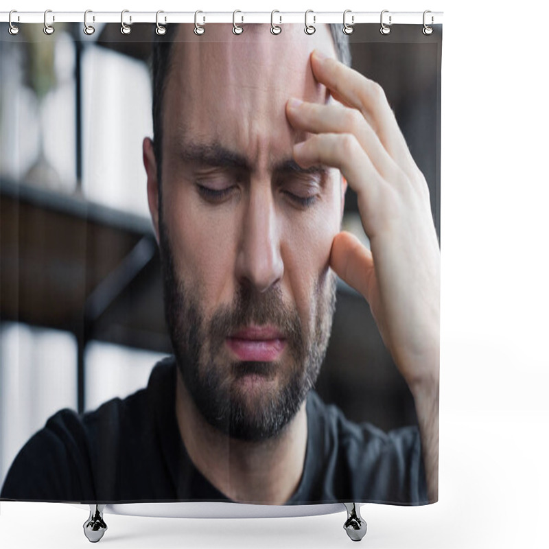 Personality  Sad Unshaven Man Holding Hand Near Head With Closed Eyes Shower Curtains