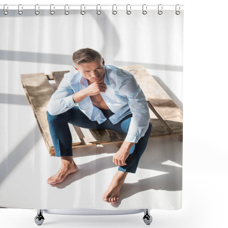 Personality  High Angle View Of Handsome Adult Man Sitting On Wooden Pallet On White Shower Curtains