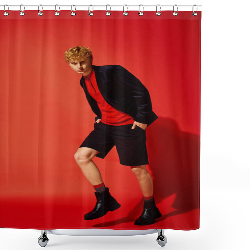 Personality  A Stylish Man Showcases Bold Holiday Fashion In A Vibrant Red Setting, Wearing A Striking Ensemble Of A Red Top And Shorts Paired With Black Boots. This Look Redefines Festive Attire For 2025. Shower Curtains