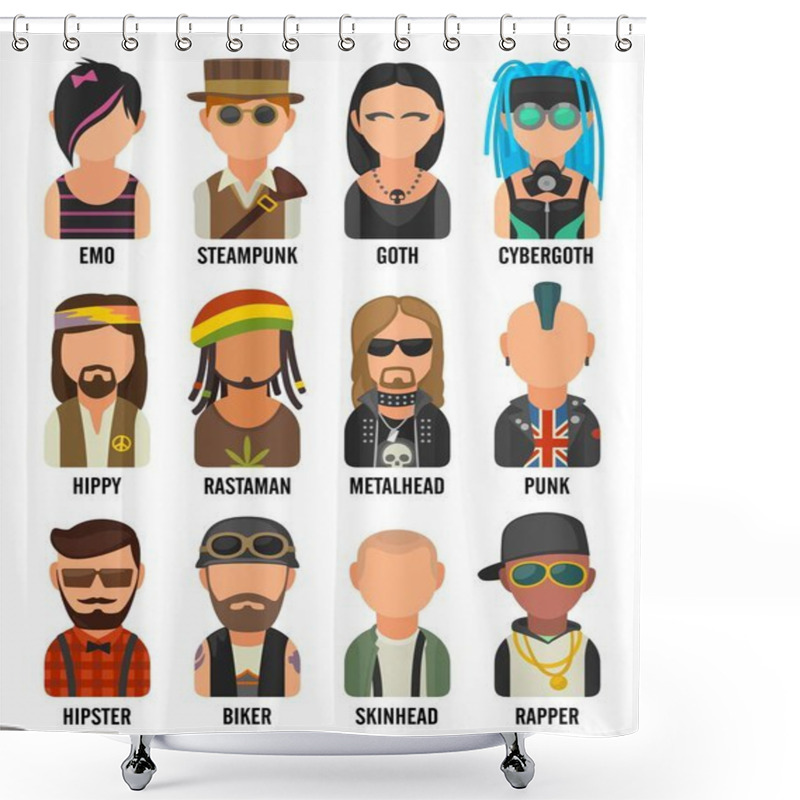 Personality  Set Icon Different Subcultures People. Hipster, Raper, Emo, Rastafarian, Punk, Biker, Goth, Hippy, Metalhead, Steampunk, Skinhead, Cybergoth. Shower Curtains