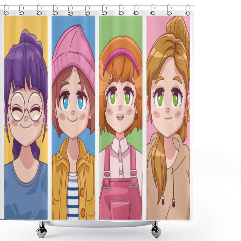 Personality  Group Of Four Cute Girls Manga Anime Shower Curtains