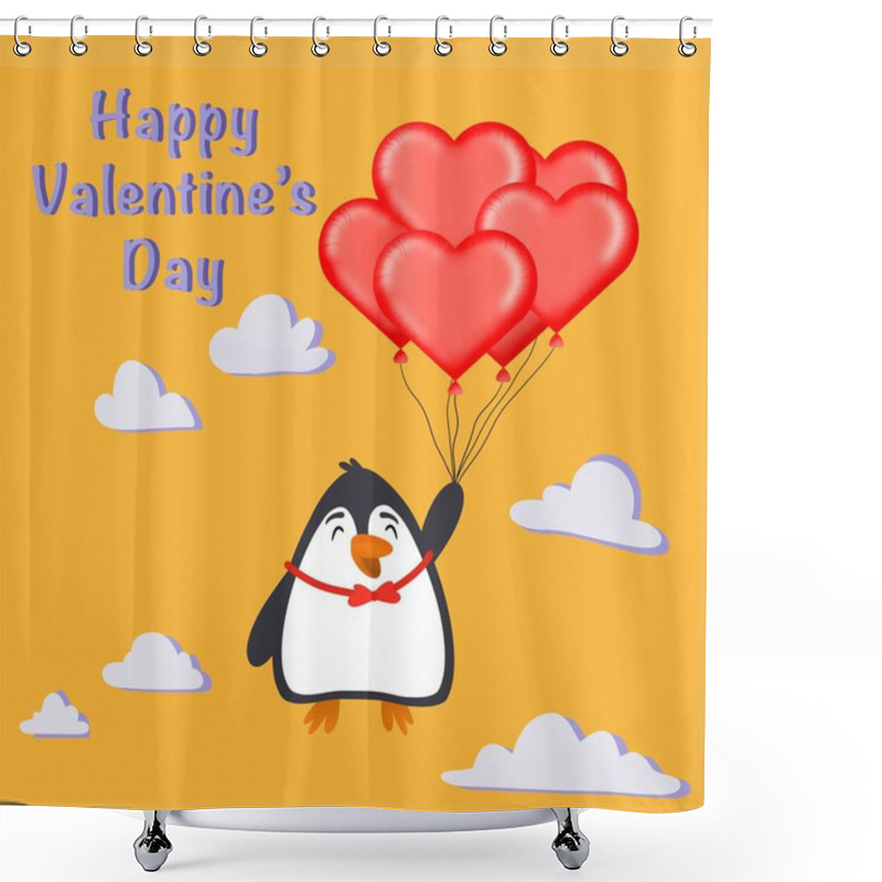 Personality  Happy Valentine's Day With A Penguin Flying Through The Air With A Bunch Of Red Heart-shaped Balloons Shower Curtains