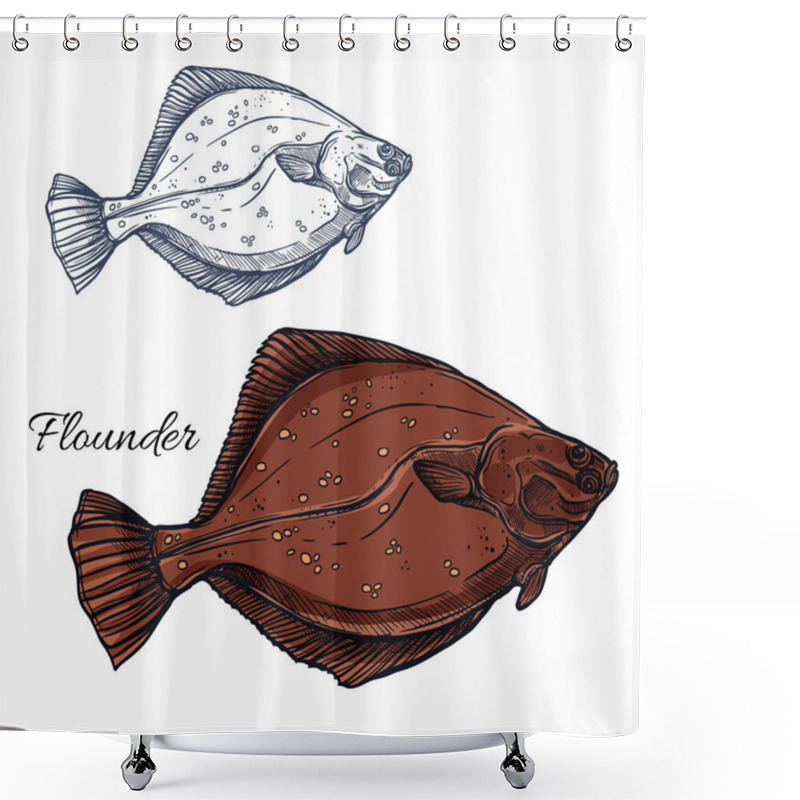 Personality  Flounder Fish, Ocean Flatfish Isolated Sketch Shower Curtains