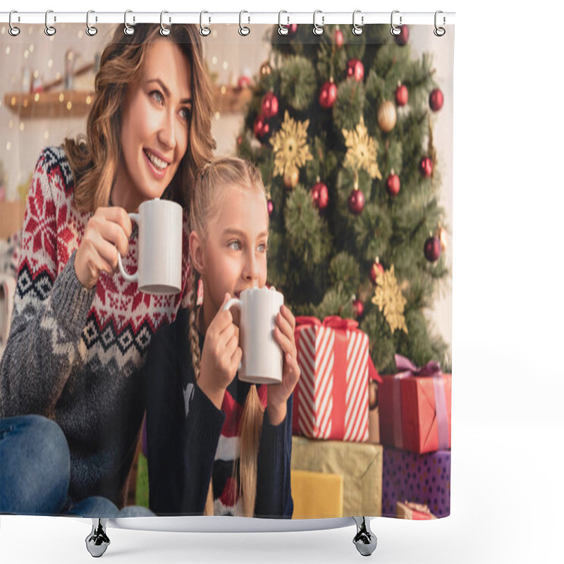 Personality  Happy Mother And Daughter Drinking Cocoa Near Christmas Tree At Home Shower Curtains