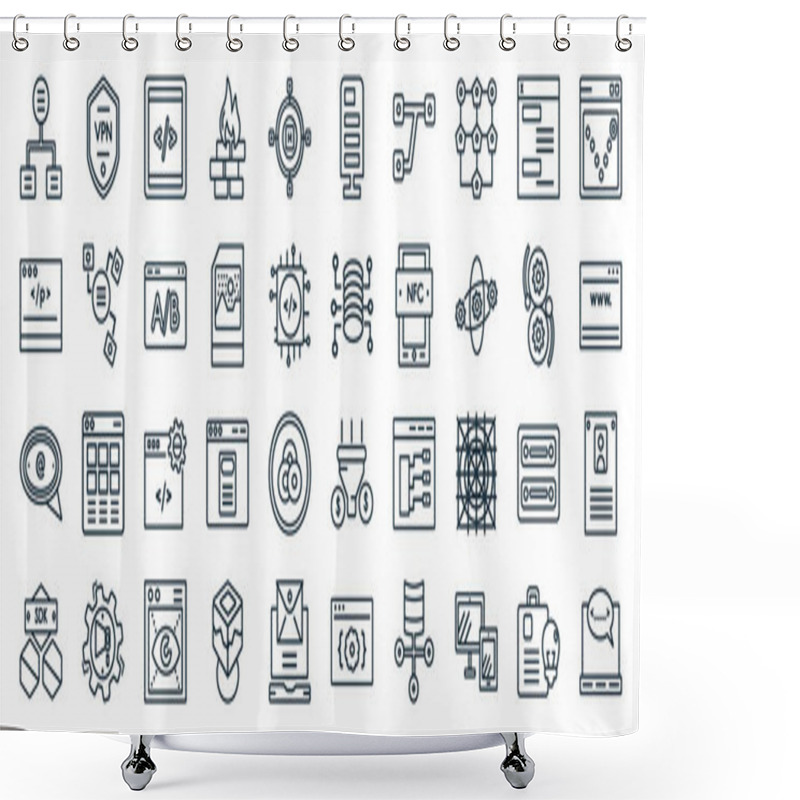 Personality  Set Of 40 Flat Technology Web Icons In Line Style Such As Vpn, Self-closing Tag, Mentions, Sdk, Devops, Bounce Rate, Web Servers Icons For Report, Presentation, Diagram, Web Design Shower Curtains