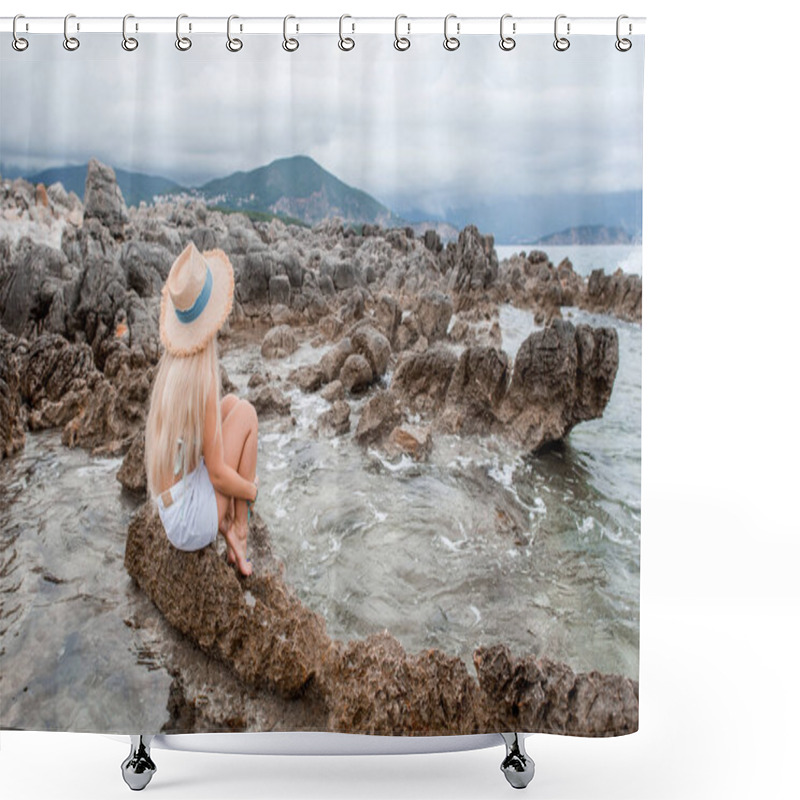 Personality  Girl In Bikini Top And Straw Hat Sitting On Rocky Beach In Montenegro Shower Curtains