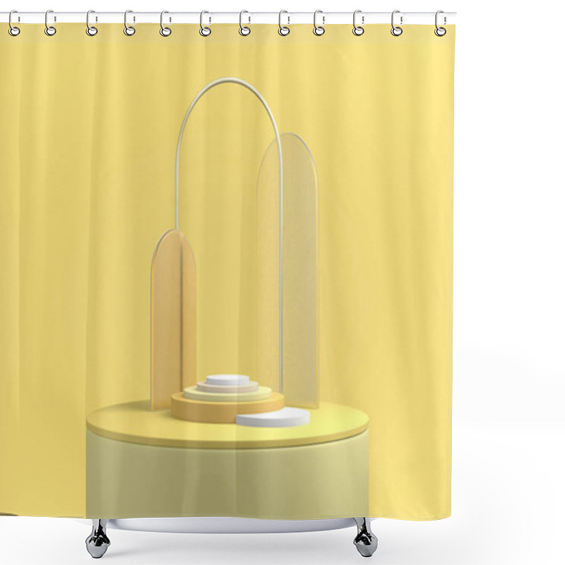 Personality  Abstract Yellow Product Podium. Pastel Light Beige Whiteboard Presentation Copy Space, Minimal Geometric Shapes. 3D Rendering Shower Curtains