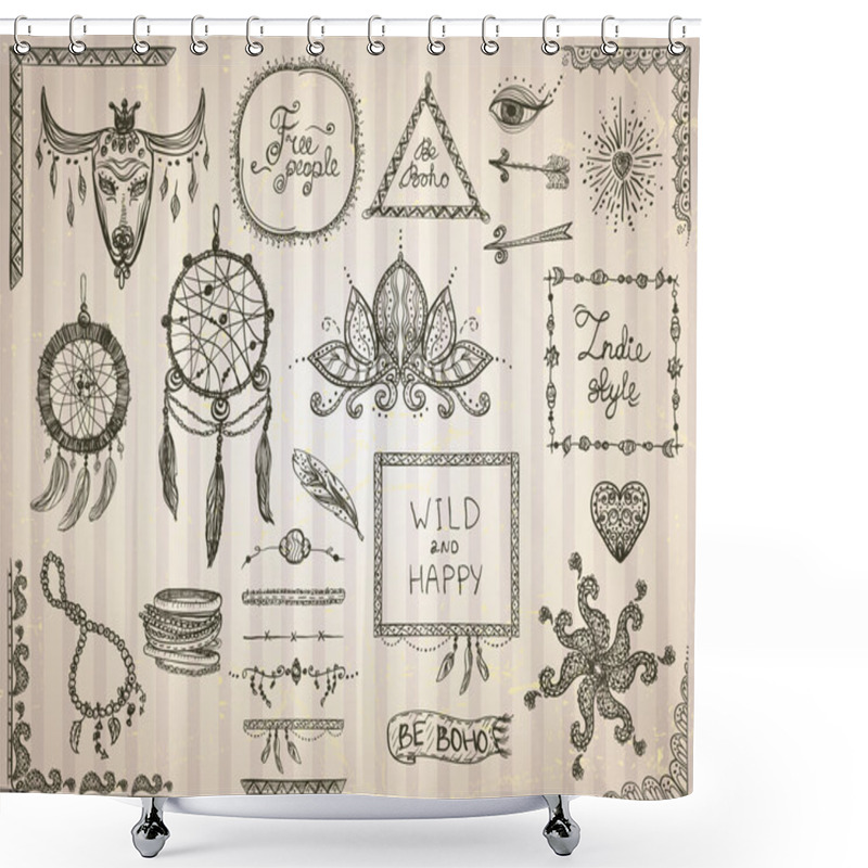 Personality  Hand Drawn Sketch Elements Set In Boho Style, Hippie, Indie Style, Tattoo Templates Shower Curtains