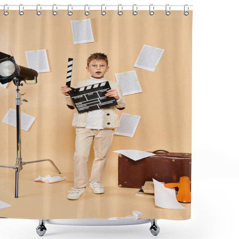 Personality  Preadolescent Boy In Film Director Costume Holding Slate In Front Of Camera. Shower Curtains