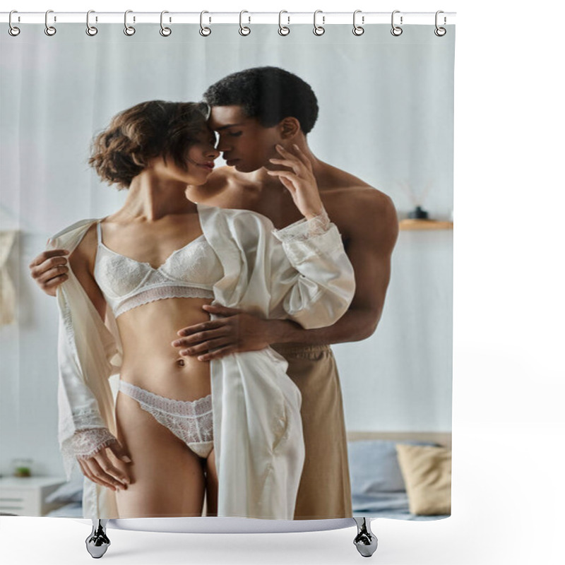 Personality  A Young Asian Woman And African American Man Embrace And Kiss Passionately, Their Intimacy Radiating Through The Image. Shower Curtains