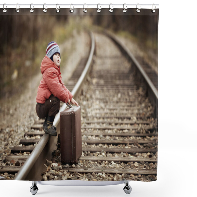 Personality  Boy Sitting In A Suitcase Near The Railway Journey Shower Curtains