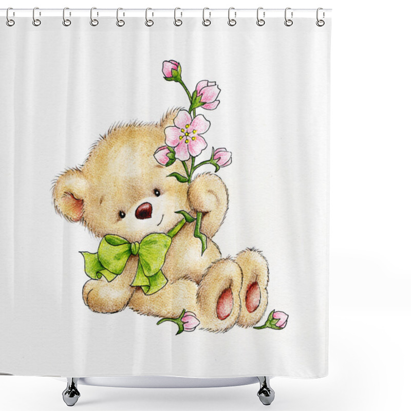 Personality  Teddy Bear With Flowers Shower Curtains