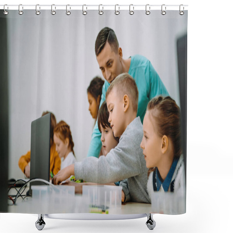 Personality  Kids Working With Teacher On Their Robot Education Project Shower Curtains