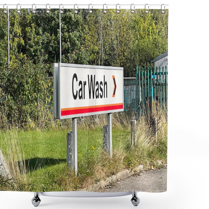 Personality  Car Wash Facility With Signage On A Sunny Day. The Setting Is Surrounded By Greenery And Clear Blue Skies, Creating A Welcoming Atmosphere. Shower Curtains