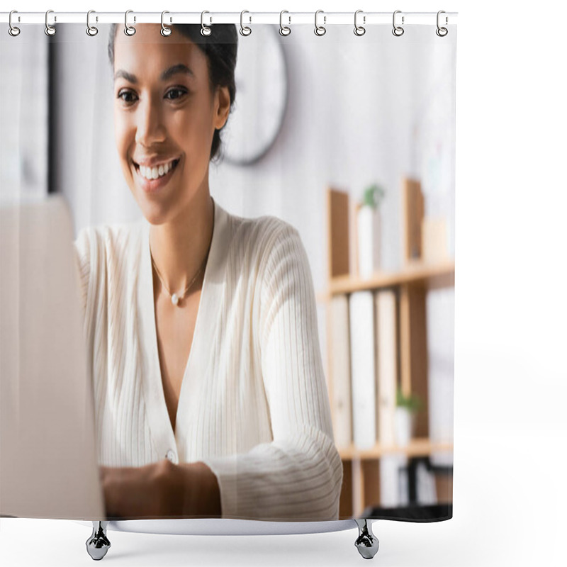 Personality  Happy African American Female Worker Typing On Laptop In Office On Blurred Foreground Shower Curtains