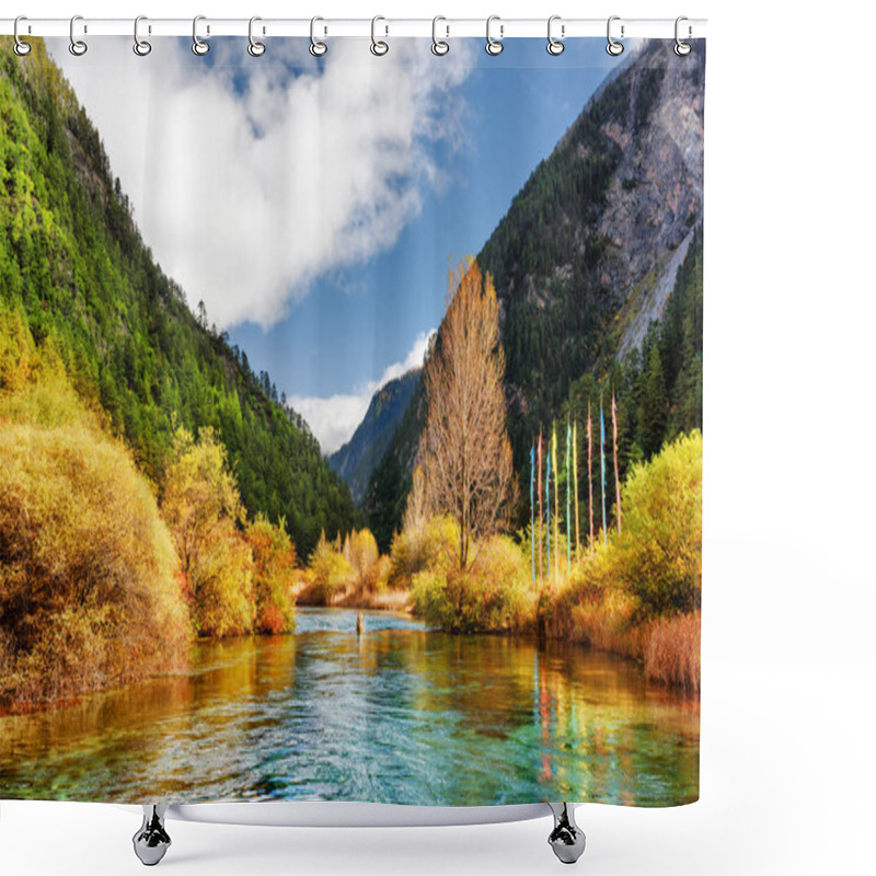 Personality  River With Crystal Clear Water Among Mountains And Woods Shower Curtains