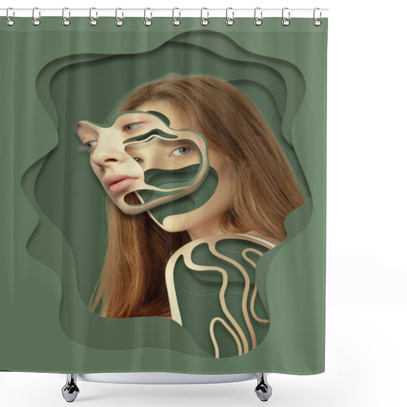 Personality  Creative Portrait Of Young Sad Woman Over Green Background. Poster Graphics. Ideas, Inspiration, Fashion. Human Emotions, Facial Expression, Psychology Of Personality Concept. Monochrome, Minimalism Shower Curtains