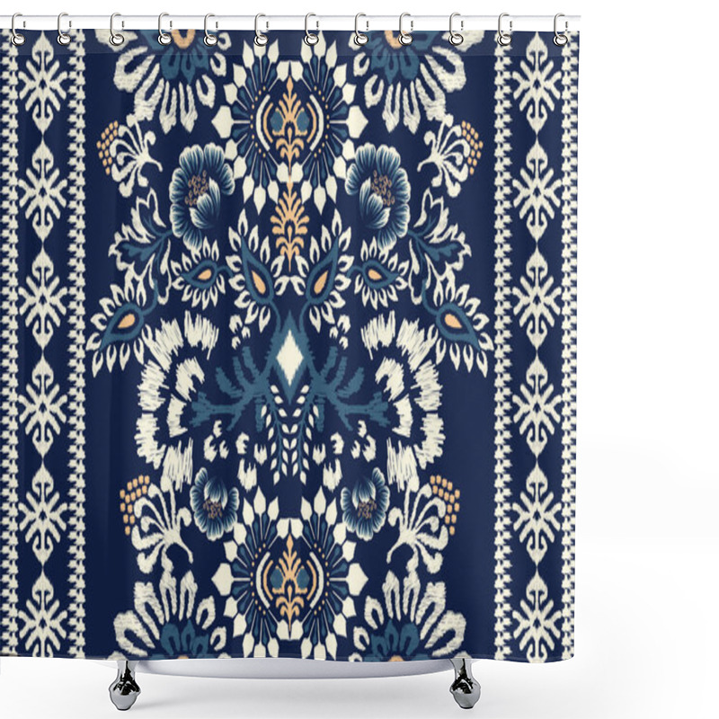 Personality  Ikat Floral Paisley Embroidery On Navy Blue Background.Ikat Ethnic Oriental Pattern Traditional.Aztec Style Abstract Vector Illustration.design For Texture,fabric,clothing,wrapping,decoration,carpet. Shower Curtains