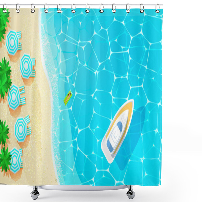 Personality  Hello Summer Concept. Boat On The Blue Sea Top View. Shower Curtains