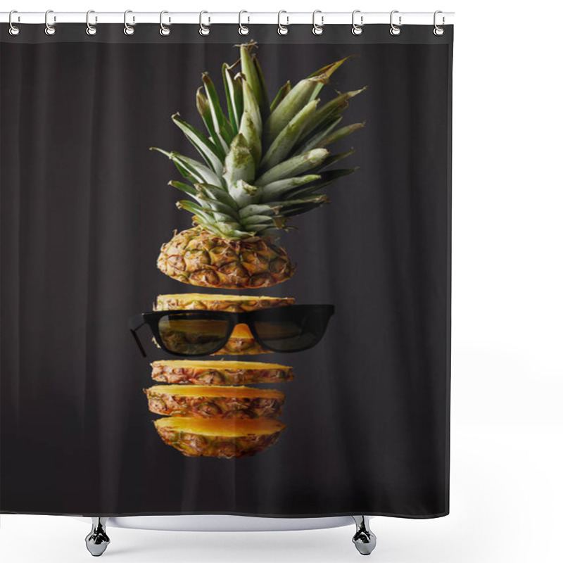 Personality  Close Up View Of Cut Ripe Pineapple And Sunglasses Isolated On Black Shower Curtains