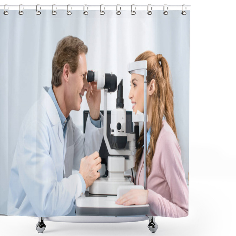 Personality  Side View Of Ophthalmologist Examining Patient Vision With Slit Lamp In Clinic Shower Curtains