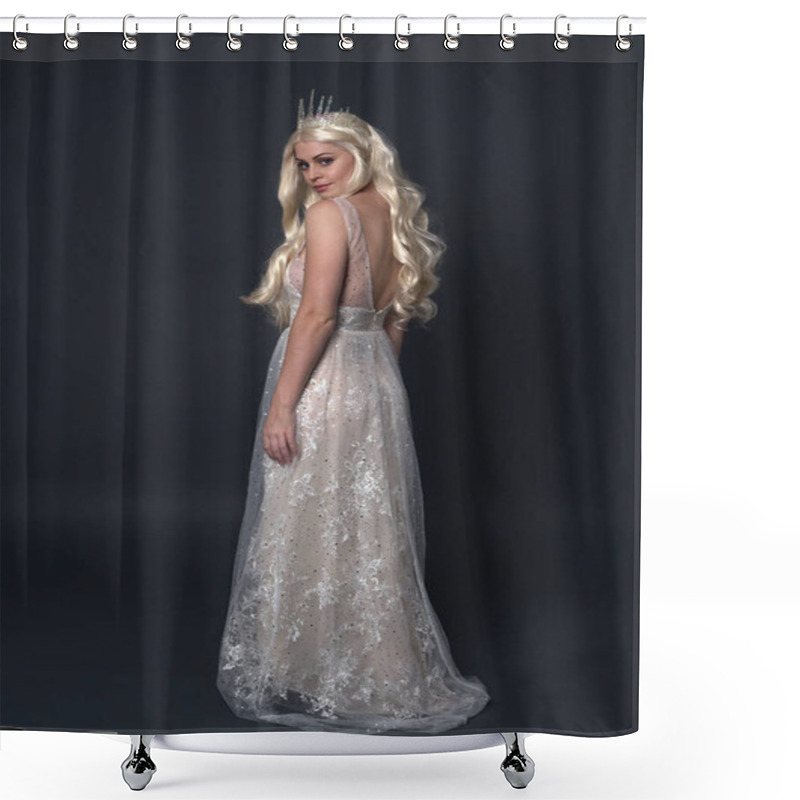 Personality  Full Length Portrait Of Beautiful Women With Long Blonde Hair, Wearing Fantasy  Princess Crown And Elegant White Ball Gown, Standing Pose With Hand Gesture. Isolated On Dark Grey Studio Background. Shower Curtains