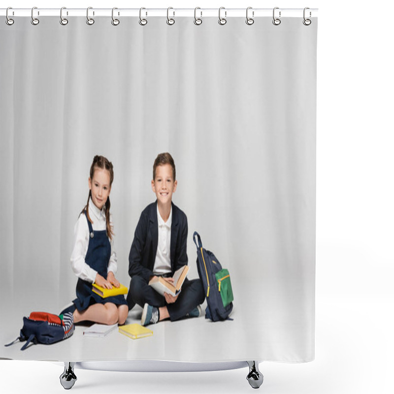 Personality  Happy Schoolkids In Prestigious Uniform Sitting With Backpacks And Books On Grey Shower Curtains