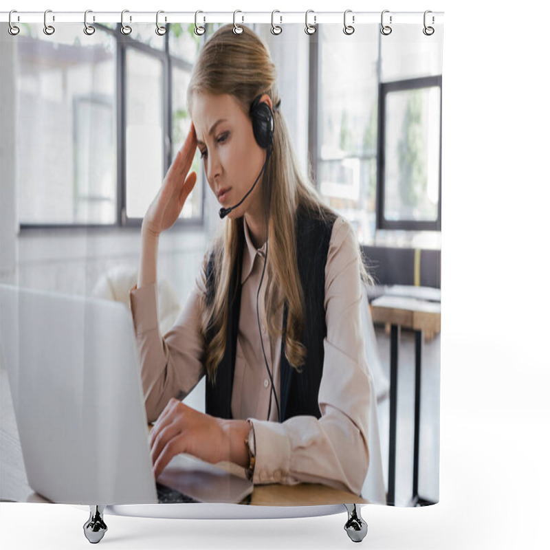 Personality  Selective Focus Of Tired Operator In Headset Looking At Laptop  Shower Curtains