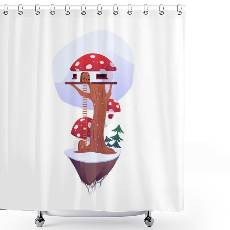 Personality  Game Island With Huts In Winter. Vector Flat Cartoon Cute Fairy Tale Village Houses With Stairs And Fly Agaric Roof On The Tree Trunk. Rural Village Wooden Dwelling On Floating Rock Land Shower Curtains