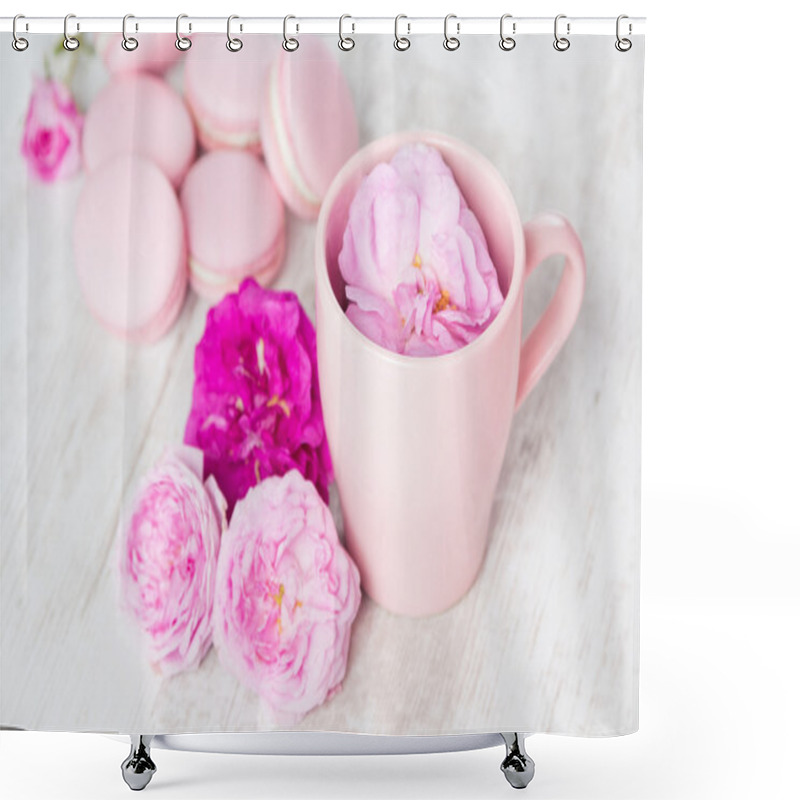 Personality  Tea Cup With Rose And Macaroons Shower Curtains