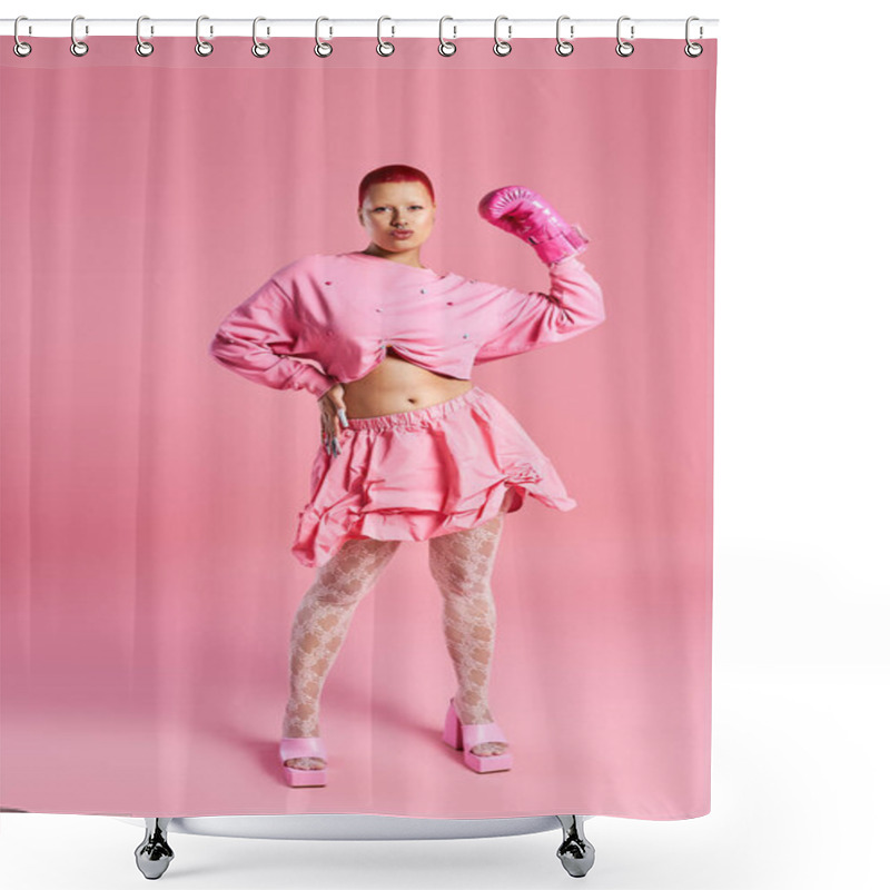 Personality  A Vibrant Studio Displays A Young Woman With Short Pink Hair Flaunting Her Daring Fashion Choices. Shower Curtains