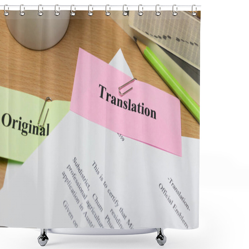 Personality  Translation Paper On Wooden Table Shower Curtains