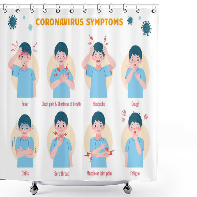 Personality  Template For COVID-19 Health Education With A Cute Boy Demoing 8 Common Symptoms Of Novel Coronavirus, In Flat Style Shower Curtains