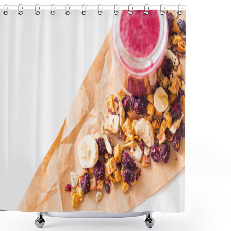 Personality  Smoothie Of Freeze-dried Cherry, Banana, Apple, Blueberry In A Highball Glass On White Background. Smoothie Of Dehydrated Fruits Shower Curtains