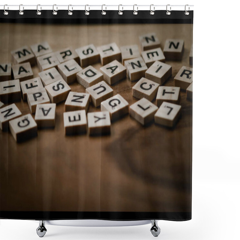 Personality  Chon Buri, Thailand, 05 OCT' 2020.Blurred Text Dice Cube Background. Wood Pieces Of Various Kinds Of Letters And A Square Shapet / Letter Dices Alphabet On Wooden Background. Shower Curtains