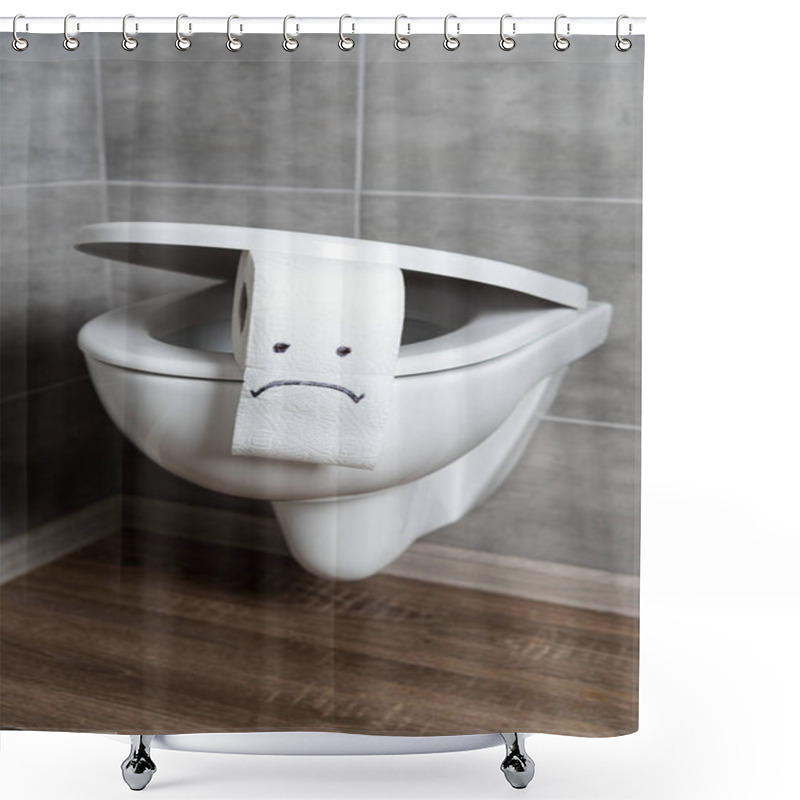 Personality  Sad Emoticon On White Toilet Paper On Toilet Bowl In Modern Restroom Shower Curtains