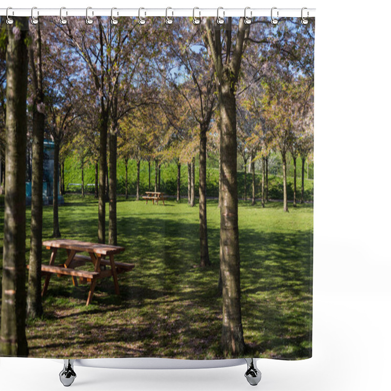 Personality  Wooden Tables And Benches Between Beautiful Trees In Park, Copenhagen, Denmark Shower Curtains