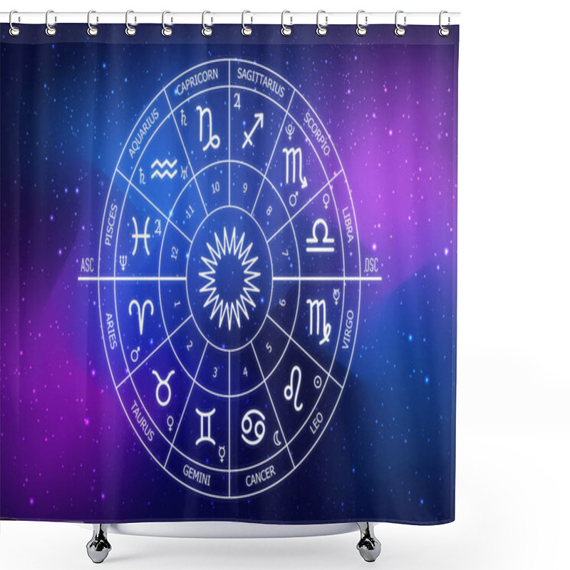 Personality  Zodiac Circle On The Background Of The Dark Cosmos. Astrology. The Science Of Stars And Planets. Esoteric Knowledge. Ruler Planets. Twelve Signs Of The Zodiac Shower Curtains