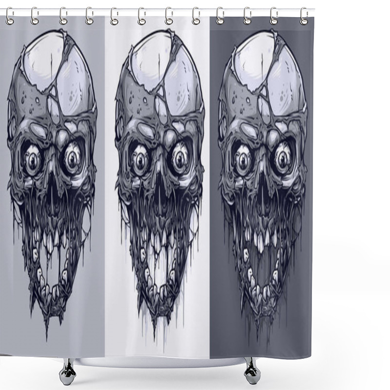 Personality  Detailed Graphic Realistic Cool Black And White Human Skulls With Horrible Pieces Of Dead Skin, Eyes, Open Mouth And Broken Teeth. On Gray Background. Vector Icon Set. Shower Curtains