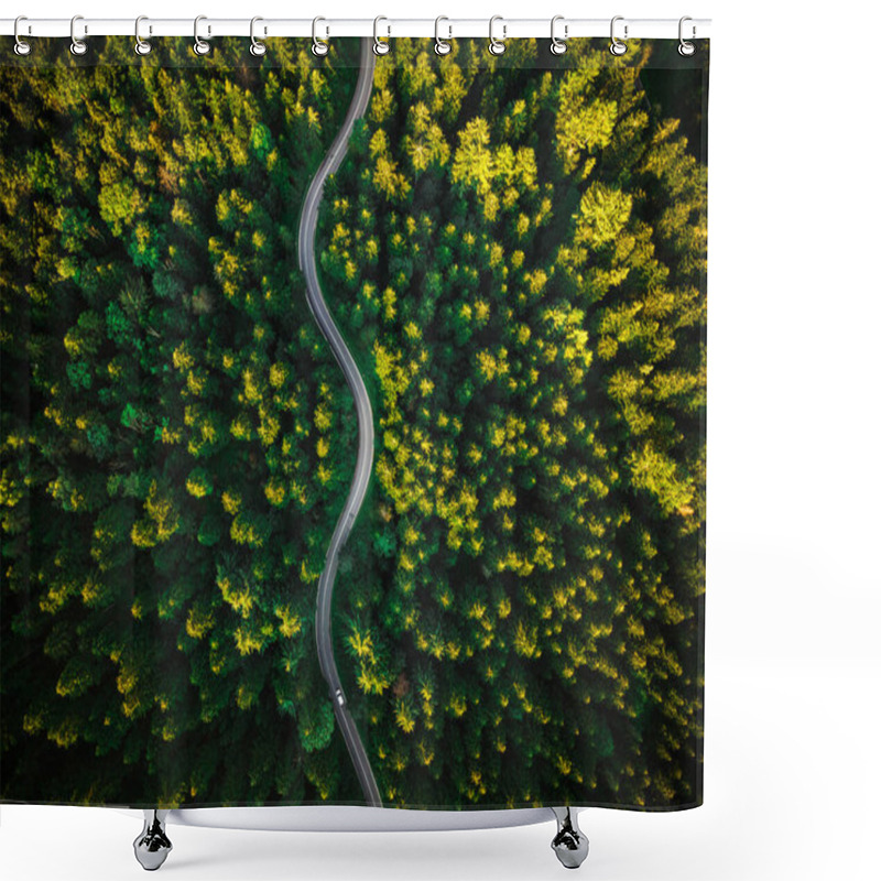 Personality  Curvy Road In Summer Pine Forest. Top Down Drone Photography. Outdoor Wilderness. Shower Curtains